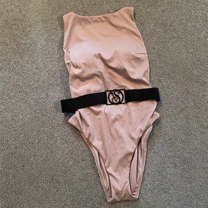 Pink One Piece Swimsuit with Low Back and Belt